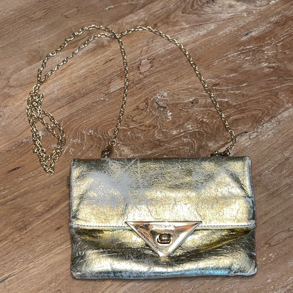 RENATO ANGI Made in Italy Gold Metallic Leather Envelope Clutch Chain Mirror